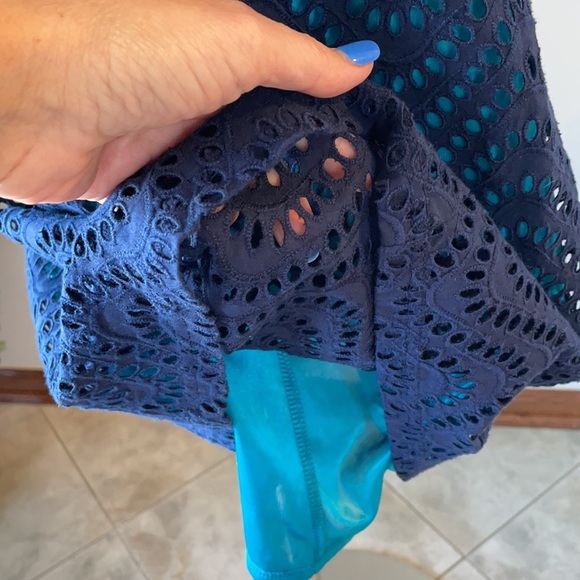 NWT TRACY NEGOSHIAN women’s sleeveless EYELET dress blue over turquoise lining L - Picture 5 of 14